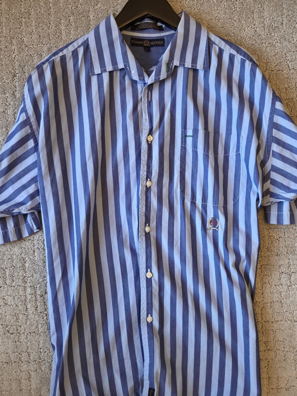 Vintage 90s Tommy Hilfiger Striped Short Sleeve Button Down Crest Logo Shirt L